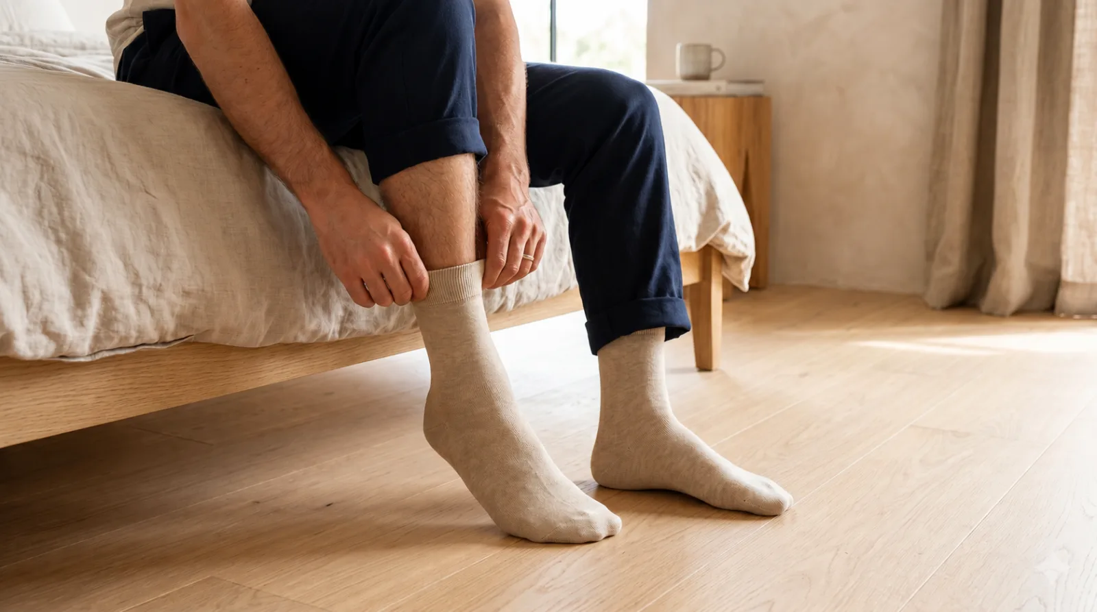 Man sitting on the edge of a bed pulling on a plain natural bamboo crew sock