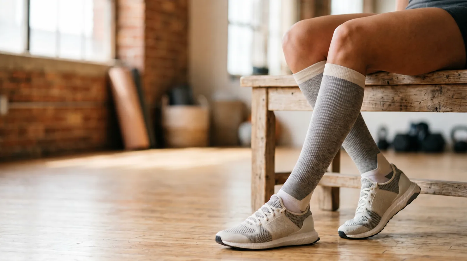 Person seated wearing grey knee-high compression socks with trainers in a gym