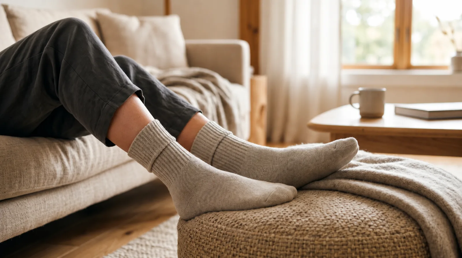 Person relaxing on a sofa with feet up, wearing soft non-binding comfort crew socks