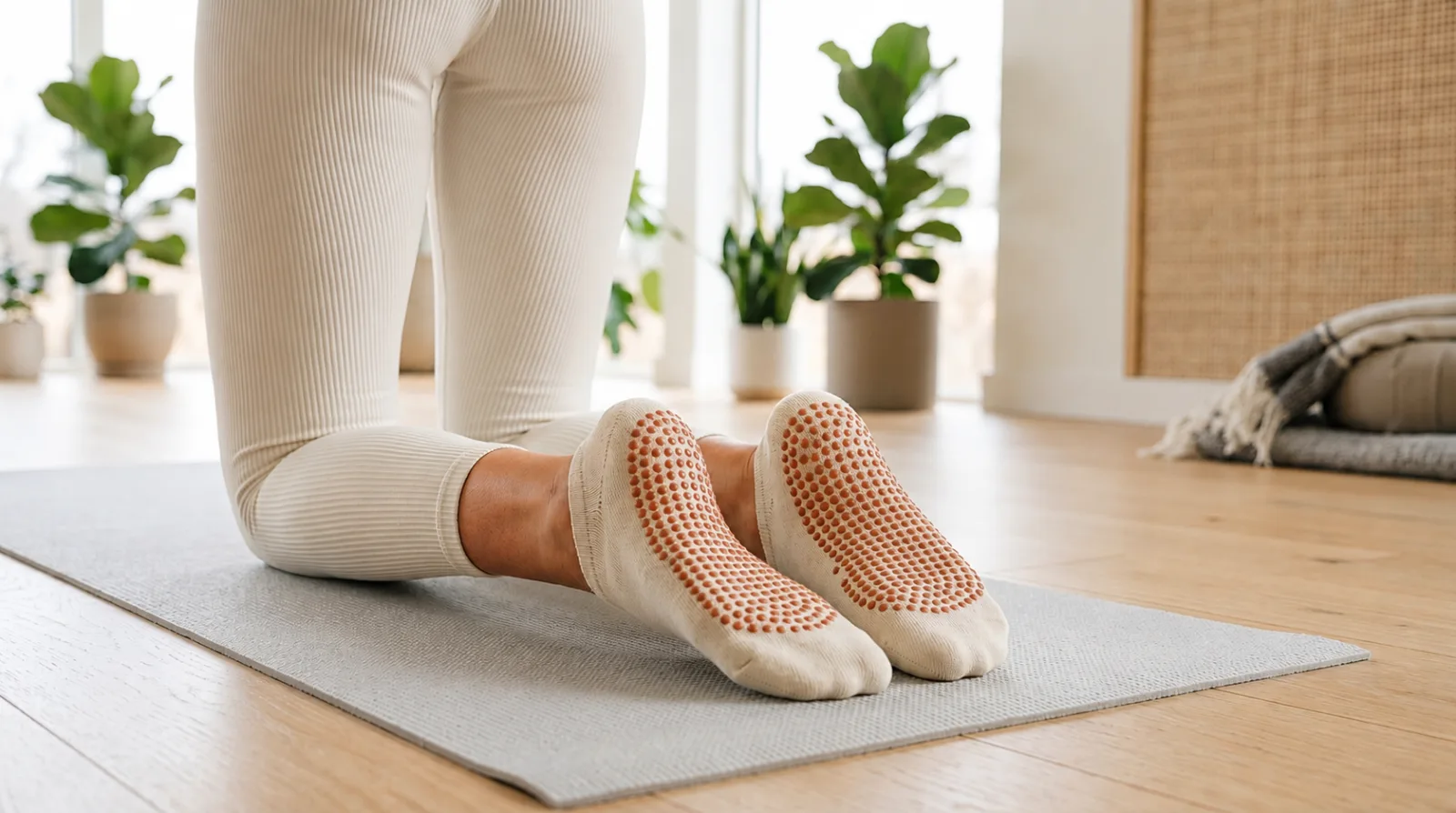 Woman kneeling on a yoga mat with the silicone grip dots visible on the soles of her grip socks